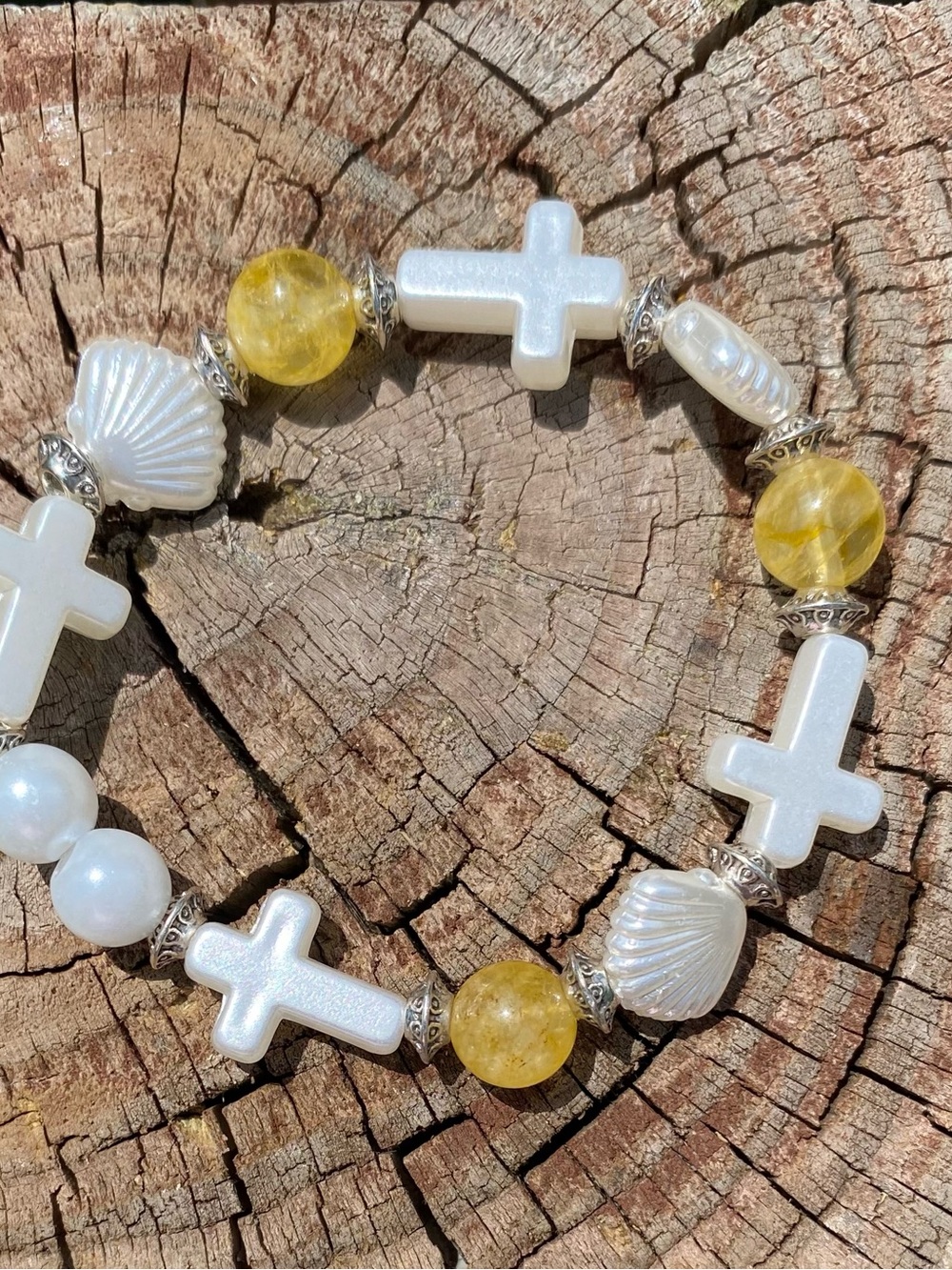 Pearl White Cross and Honey Yellow Bead Stretch Bracelet | From Sea to Country